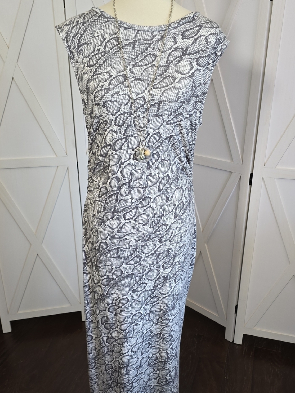 Bar III Gray and White Snake-Print Sleeveless Maxi Dress